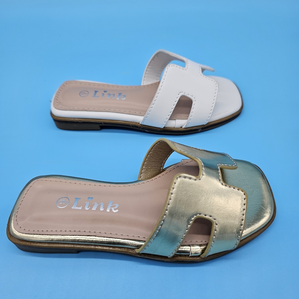 Link Kid's White and Gold Open Toe Slide Sandals